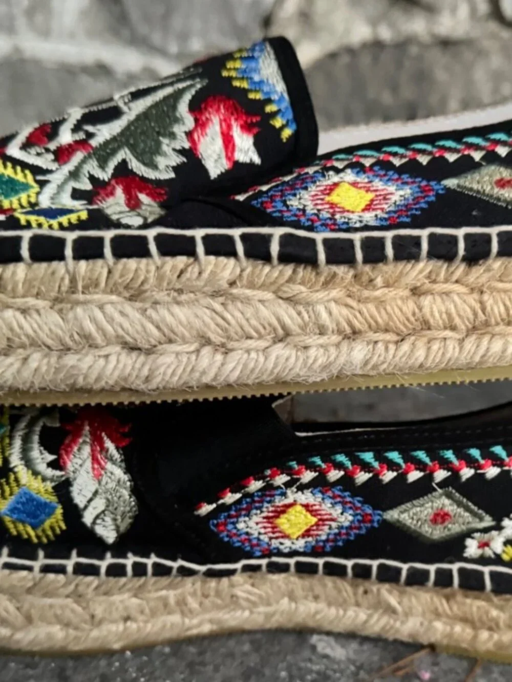 Johnny Was Embroidered Floral Espadrille Slip-On Flats Black EU 41